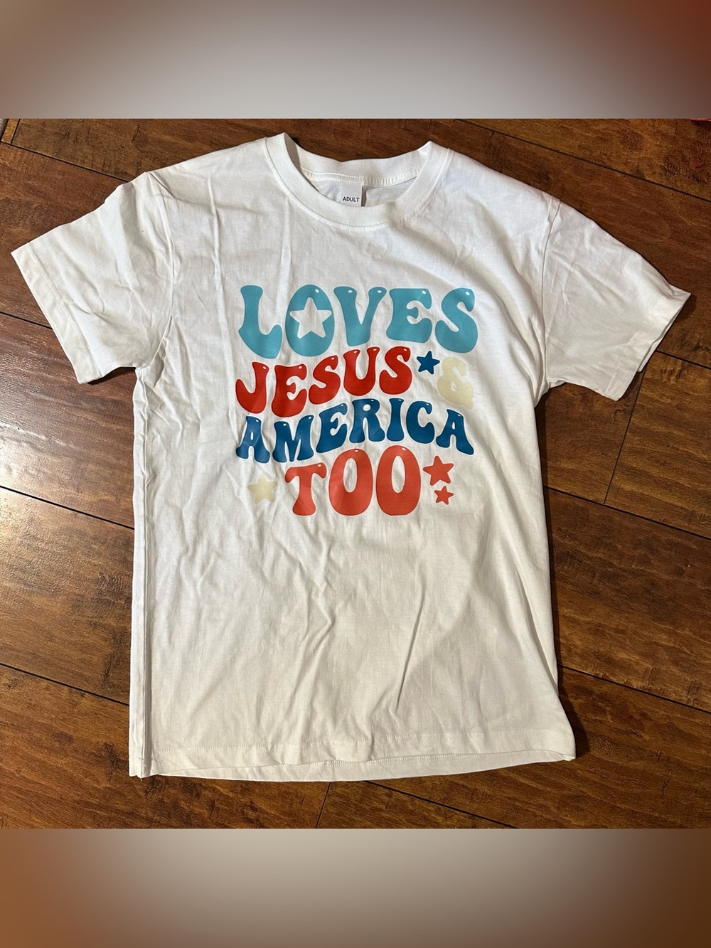 “ Loves Jesus & America Too” graphic print tee - adult medium